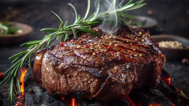 Free Photo grilled juicy steak cooking in fire created with generative ai technology