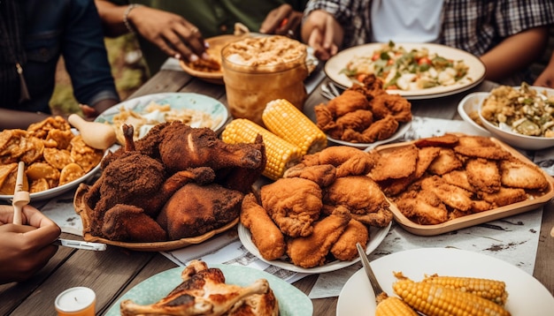 Grilled meat and fries for outdoor celebration generated by AI