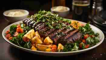 Free photo grilled meat tomato and vegetable on a rustic plate generated by artificial intelligence