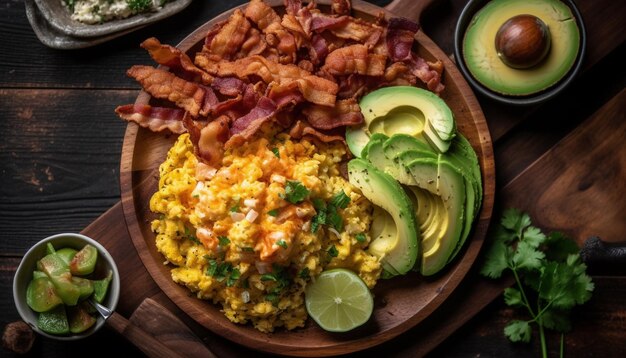 Grilled meat and veggies on rustic plate generated by AI