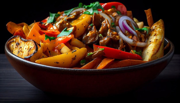 Free photo grilled meat and veggies on wooden plate generated by ai