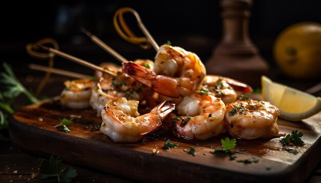 Grilled prawn skewers fresh seafood appetizer plate generated by AI