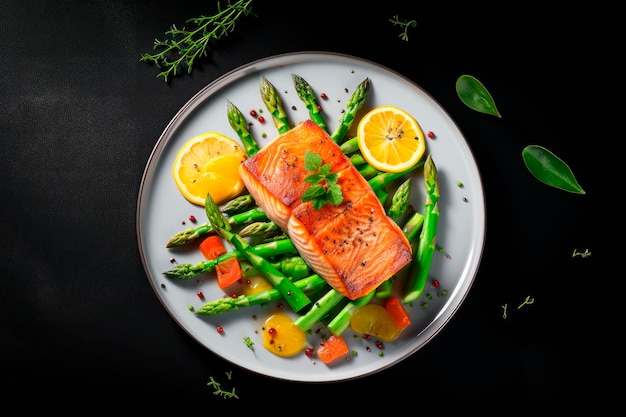 Free Photo grilled salmon with asparagus on white plate isolated on black background