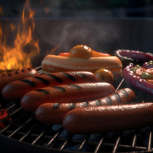 Free photo grilled sausages on the grill with flames and smoke