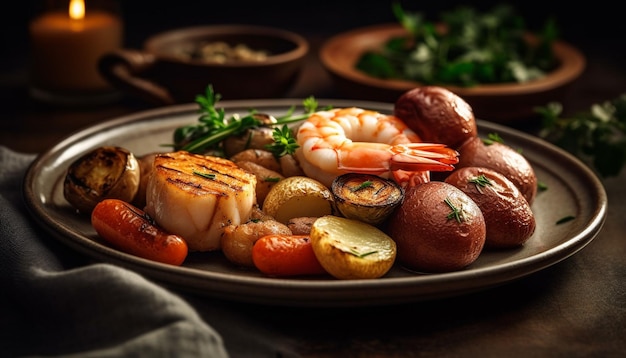 Grilled seafood plate with fresh vegetables and steak generated by AI