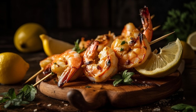 Grilled seafood skewers with fresh lemon slices generated by AI