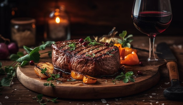 Grilled sirloin steak on rustic wood table generated by AI