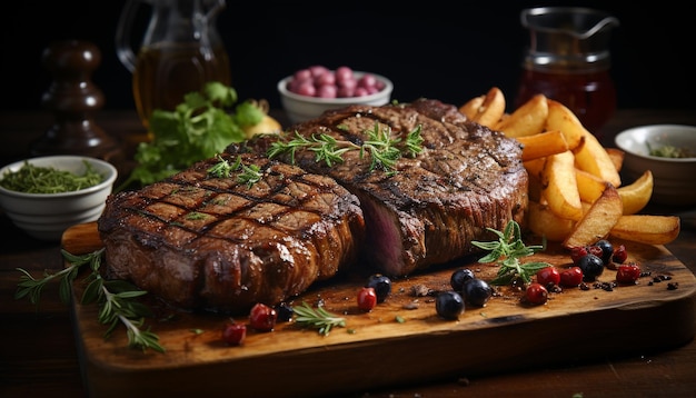 Free photo grilled steak cooked to perfection served with rustic fries generated by artificial intelligence