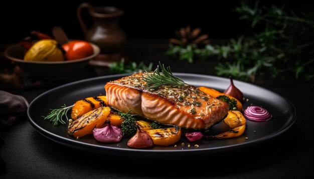 Grilled steak fillet on plate with vegetables generated by AI