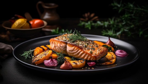 Grilled steak fillet on plate with vegetables generated by AI