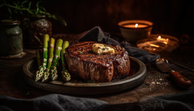 Grilled steak fillet with asparagus and sauce generated by AI