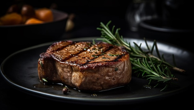 Free photo grilled steak juicy and rare on rustic wooden plate generated by artificial intelligence