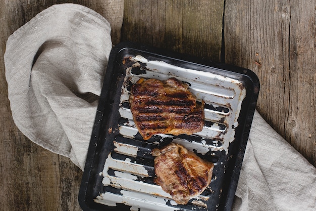 Grilled steak on pan