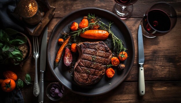 Grilled steak on rustic table flame seared and juicy generated by AI