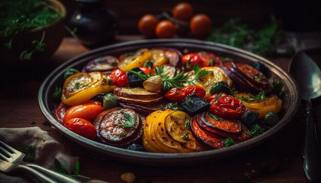 Grilled vegetarian meal on rustic wooden plate generated by AI