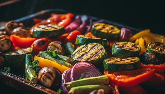 Grilled vegetarian meal with fresh eggplant and tomato generated by AI