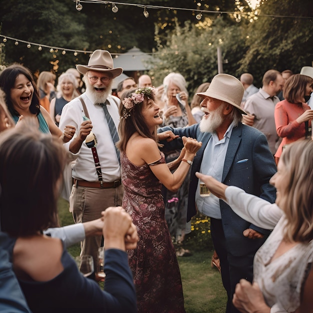 Groom and bride dancing with guests on their wedding day in nature