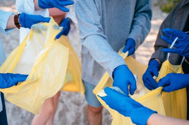 Group of activists friends collecting plastic waste on the beach. Environmental conservation.