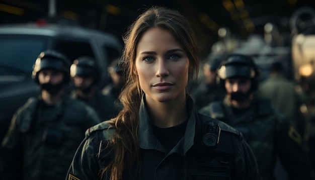 Free photo group of armed forces looking at camera protecting city generated by artificial intelligence