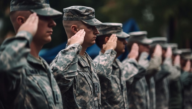 Free photo group of army men saluting american flag generated by ai