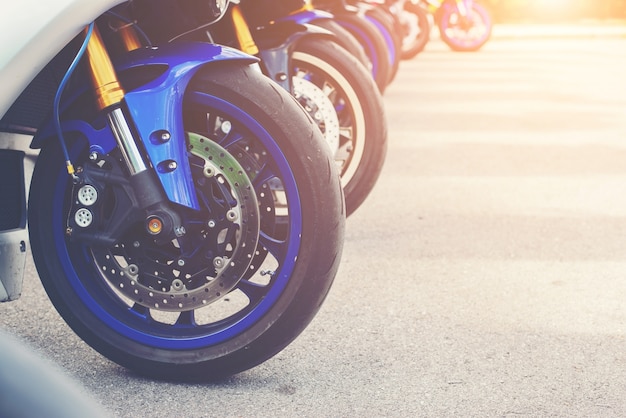 Free photo group of big bike and superbike at the motorcycle parking lot.