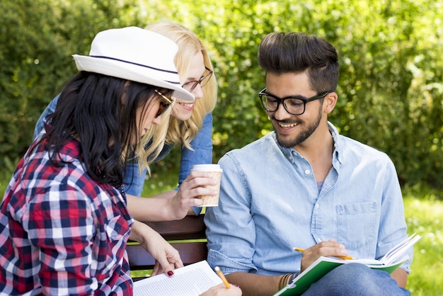 Group of caucasian friends studying on a park bench during daylight