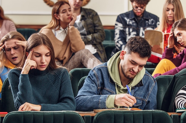 Free photo the group of cheerful happy students sitting in a lecture hall before lesson