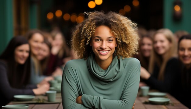 A group of cheerful young adults enjoying coffee and friendship generated by artificial intelligence