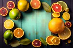 Free photo a group of citrus fruits with green leaves on a wooden background