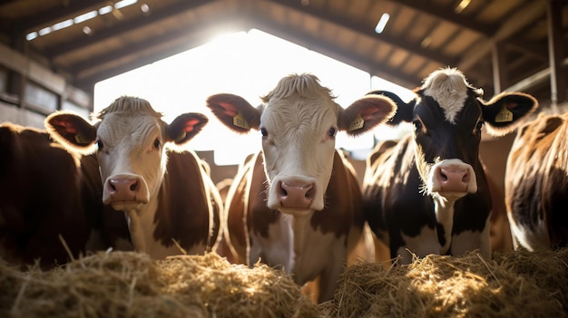 Free photo group of cows inside a dairy barn with hay