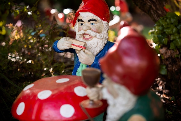 Free photo group of different funny garden gnomes