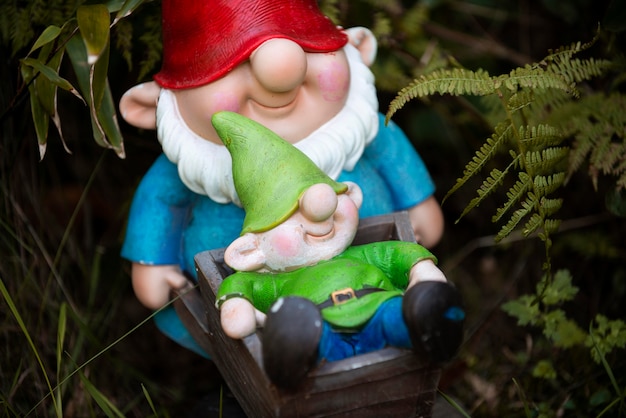 Free photo group of different funny garden gnomes