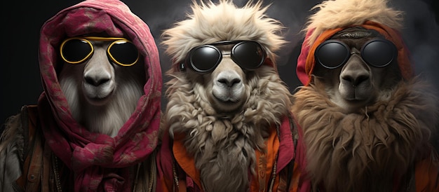 Group of dogs in sunglasses and raincoat with hood on black background