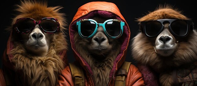 Group of dogs wearing aviator sunglasses and winter jacket Studio shot