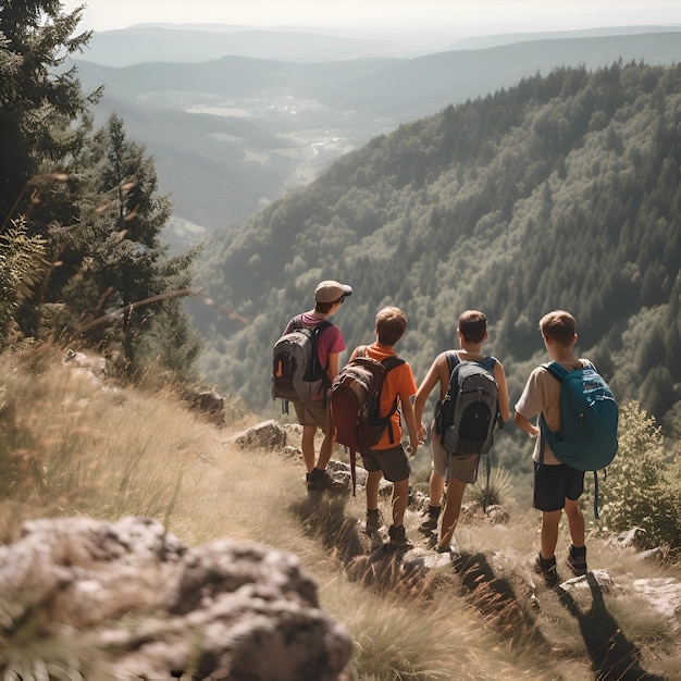 Free photo group of friends hiking in the mountains back view of a group of people with backpacks standing on the top of the mountain and looking at the valley