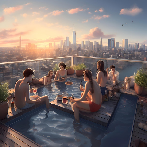 Free Photo group of friends relaxing on a rooftop with a view of the city