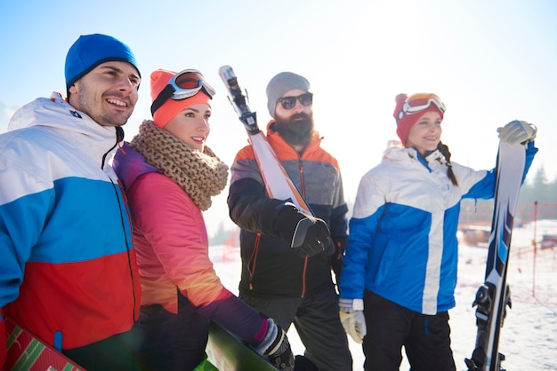 Group of friends on the ski resort 
