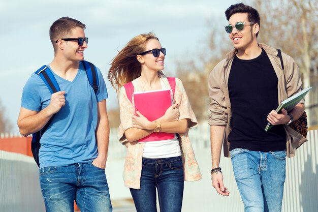 A group of friends talking in the street after class.