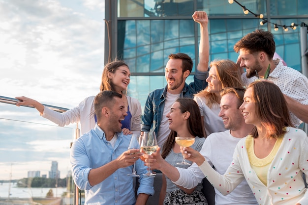 Group of friends toasting at a party