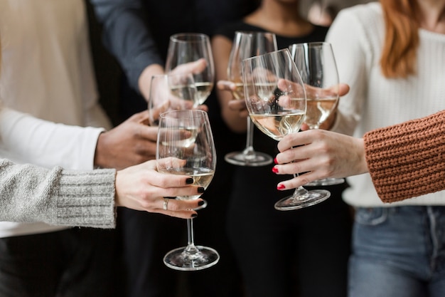 Free photo group of friends toasting wine glasses together