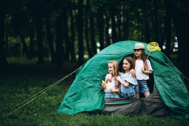 Free photo group of girls camping in forest