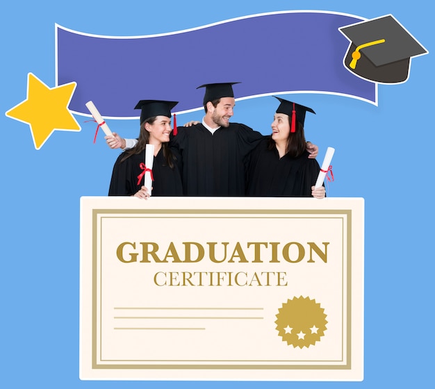 Free photo group of grads in cap and gown with graduation certificate