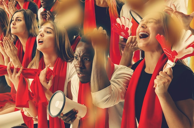 Free photo group of happy fans are cheering for their team victory. collage made of six models.