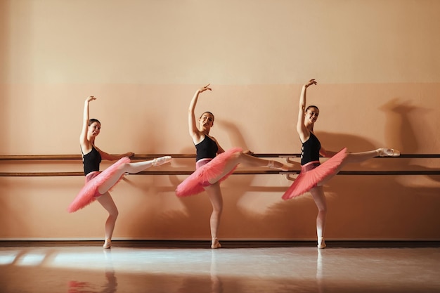 Free photo group of happy teenage ballet dancer holding on a barre while practicing at ballet school and looking at camera copy space