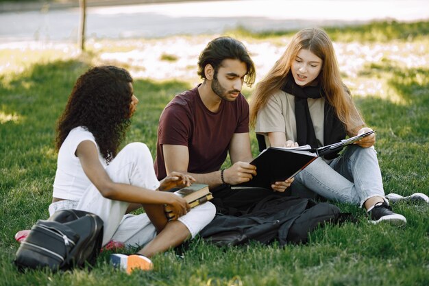 Group of international students sitting on a grass together in park at university. African and caucasian girls and indian boy talking outdoors