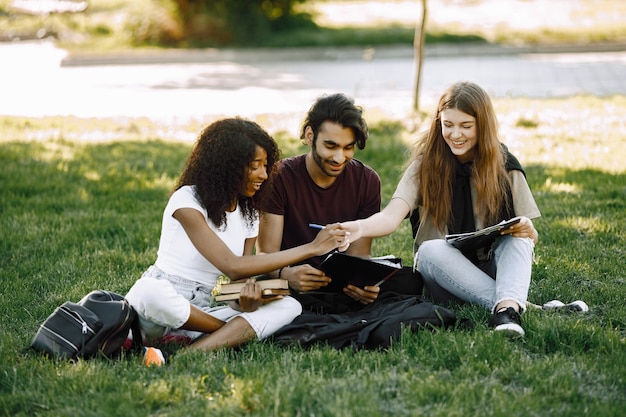 Group of international students sitting on a grass together in park at university. African and caucasian girls and indian boy talking outdoors