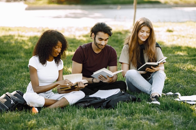 Group of international students sitting on a grass together in park at university. African and caucasian girls and indian boy talking outdoors