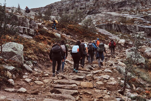 Group of people is hiking in Norway mountains. Group of hikers with backpacks, tracking in the mountains.