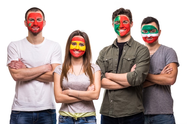 Free Photo group of people supporters fans of national teams painted flag face of portugal, spain, marocco, iran. fans emotions.