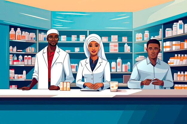 group of pharmacists in the pharmacy. flat design cartoon illustration